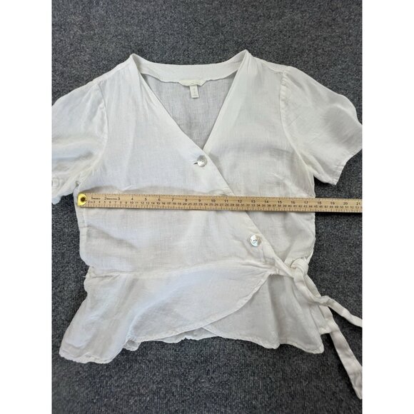 H&M Linen White Wrap Blouse Top UK 14 EU 42 V-Neck Tie Side Short Sleeve - Picture 2 of 7